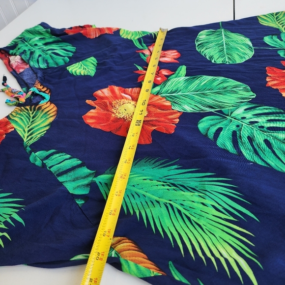 Vtg GG Hawaiian Shift Dress Floral Monstera Palm Print Tie Blue Green Red Sz L - Picture 8 of 10